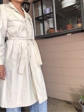 London Fog Cream Long-Sleeve Belted Trench Dress